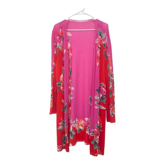 CHICOS Womens 2 Red & Pink Floral Long Sleeve Open Cardigan Kimono Long Duster - Picture 11 of 14